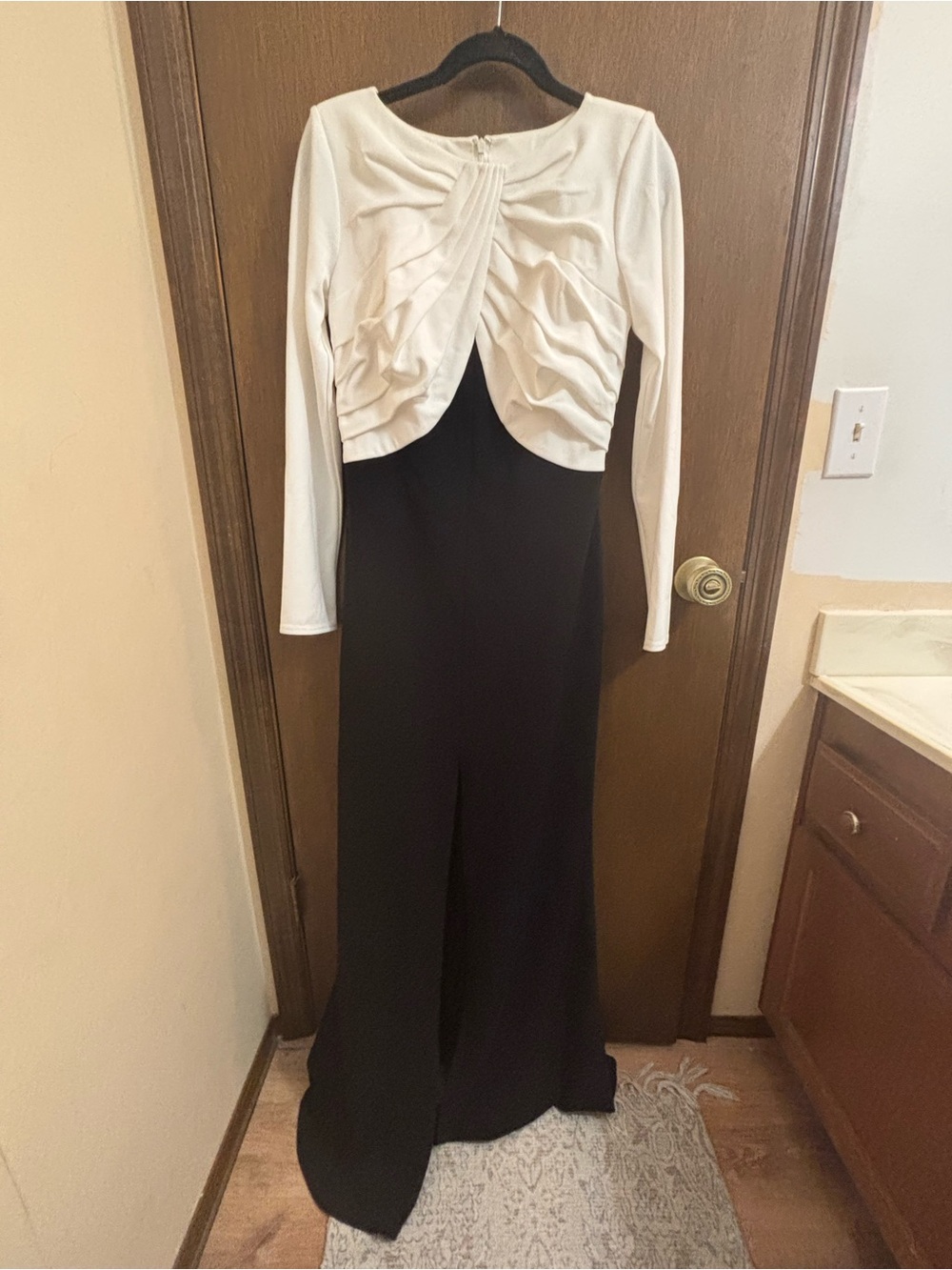 Tadashi Shoji Black & White Nelson two tone Bateau long sleeve Maxi crepe Gown